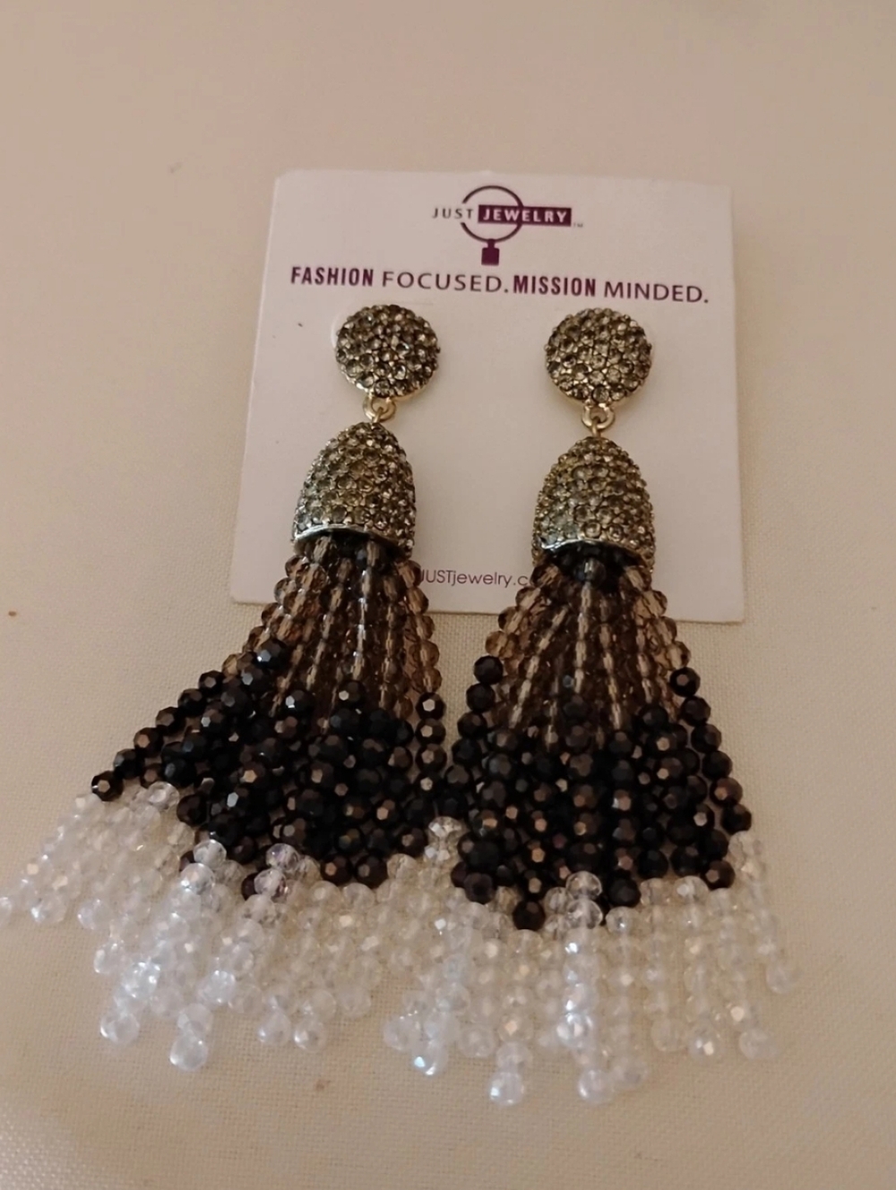BaubleBar Tassel Earrings   Beaded Piñata Ombre Black Gray White Pavé Rhinestone